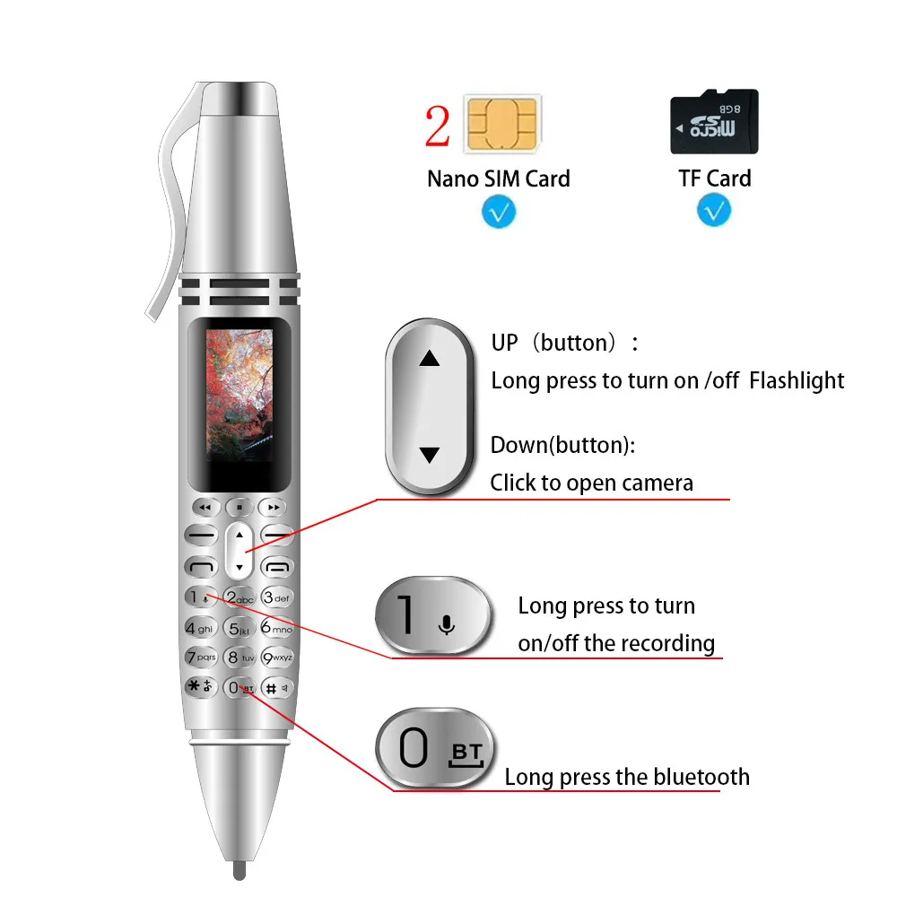 Mini Portable Pocket Flashlight pen miniature Bluetooth dialer Mobile phone Dual SIM Card Cellphone Recording pen