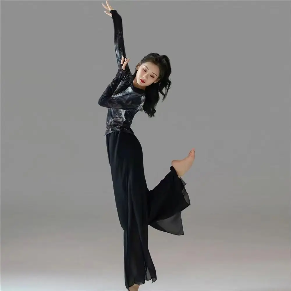 New Modern Dance Classical Dance Black Tie-dye Top Performance Practice Costume Yoga Flowing Chiffon Wide Leg Pants