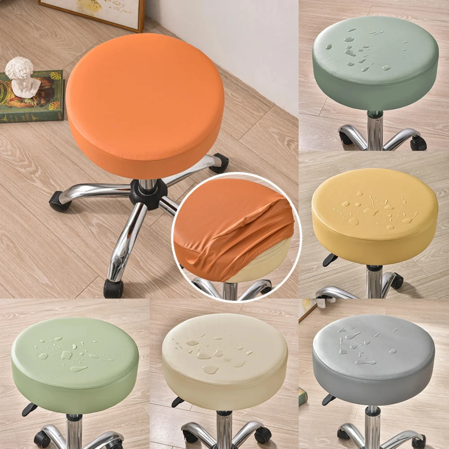PU Circular Chair Cover Waterproof Cushion Stool Cover Elastic Dining Seat Case Solid Color Thickened Seat Slipcover  Decor