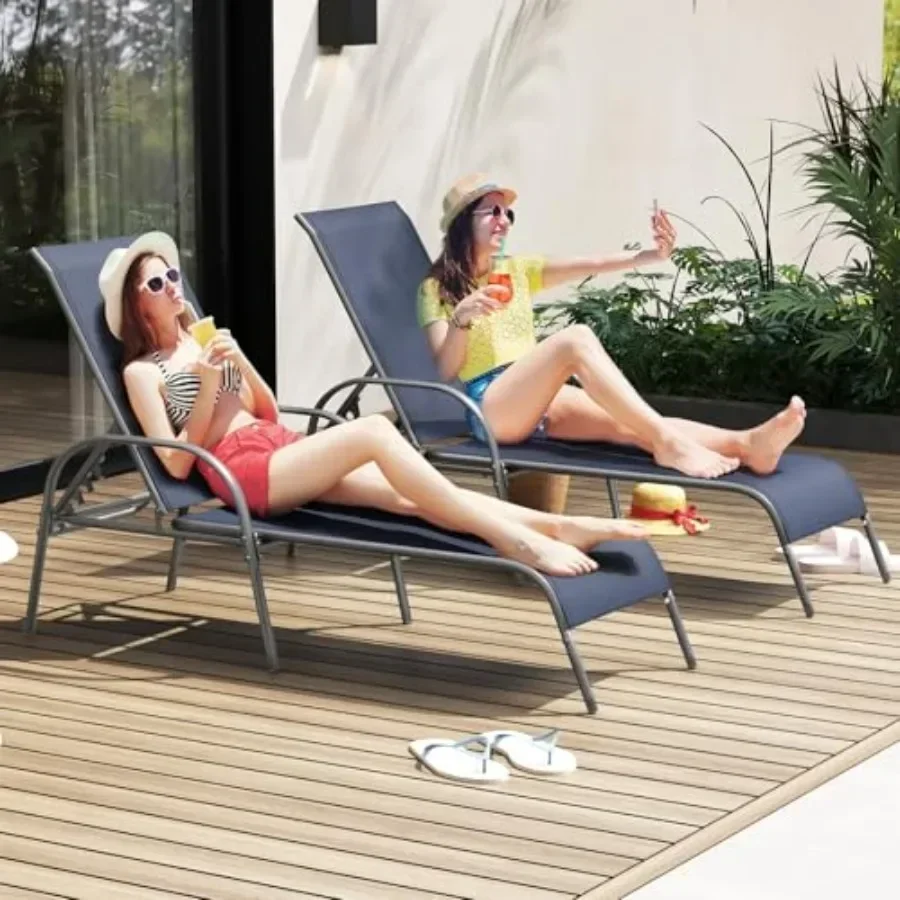 2 Pack Patio Lounge Chair with 5 Adjustable Backrest for Outdoor Use, Steel Frame, Black, Rust-Resistant and Ergonomic Design