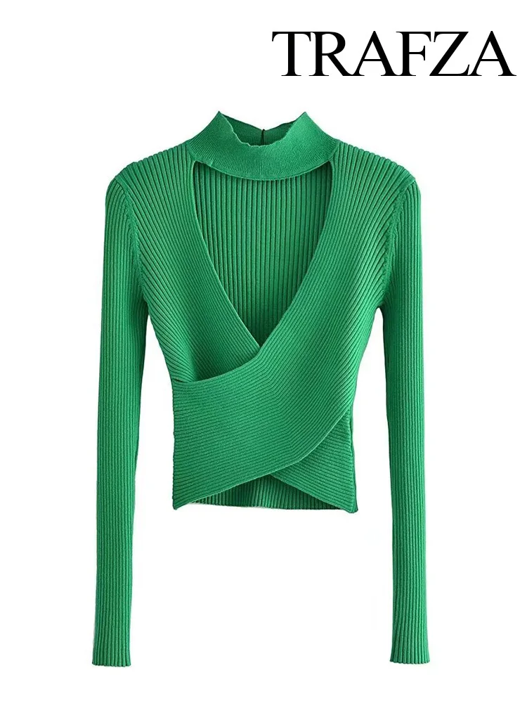 New 2024 Casual New Spring Vintage Female Slim Streetwear Pullover Women Long Sleeve Chic Short Top Green Mock Neck Sweater