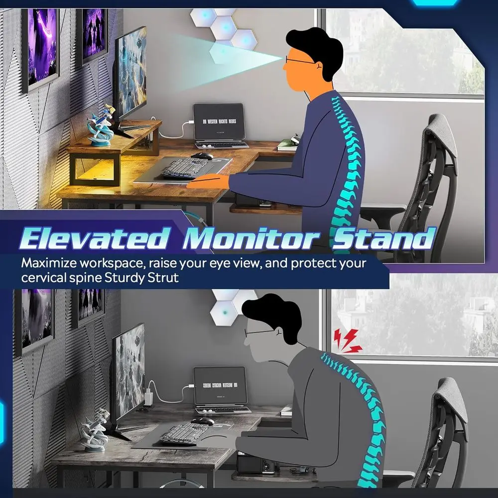 مكتب ألعاب على شكل حرف L بني ريفي مع مصابيح LED ومنافذ طاقة، مكتب زاوية مدمج للمكتب المنزلي مع مساحة تخزين