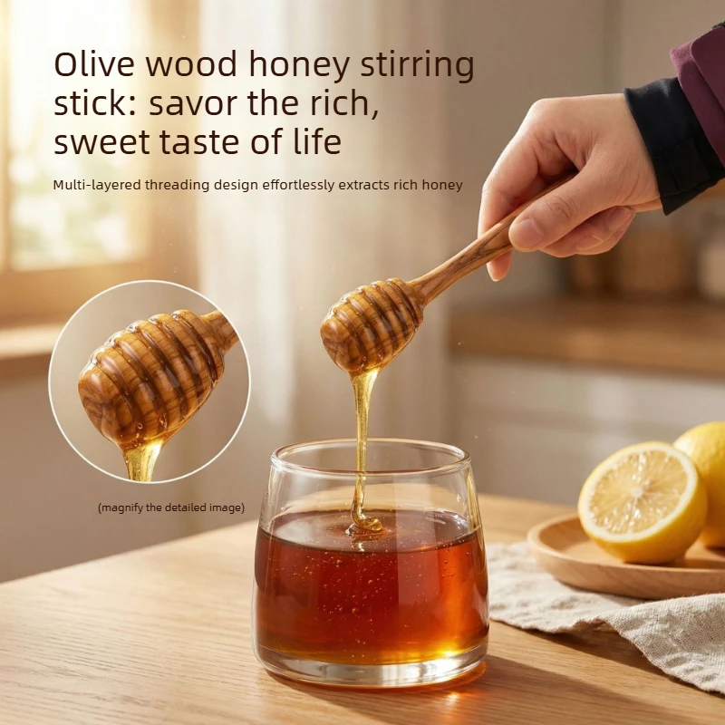Olive Wood Honey Dipper Stick Wooden Honey Scoop Multi‑Thread Design Creative Stirring Rod for Coffee Milk Tea Jam Kitchen Tool