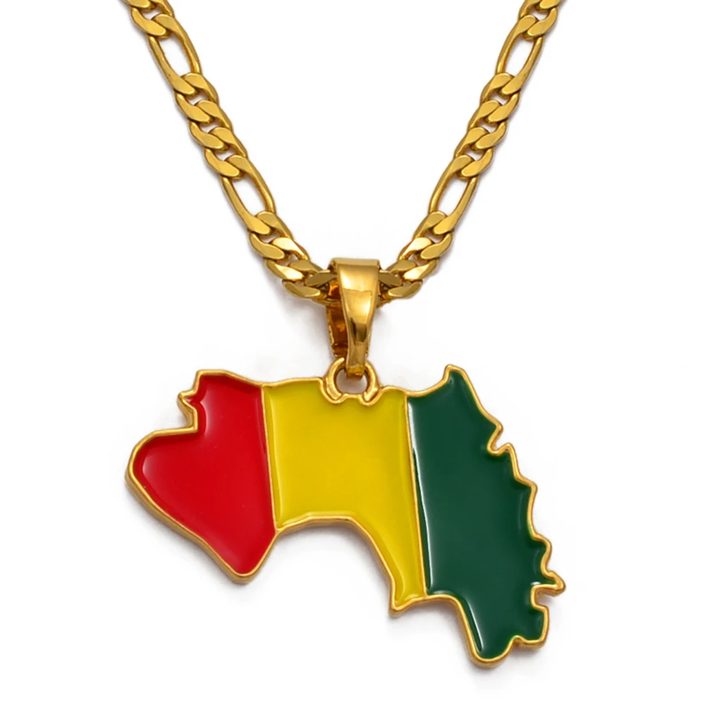 Anniyo Guinea Map & Flag Pendant Necklaces for Women/Men Gold Color Jewelry Map Of Guinea Necklaces Guinee #116706