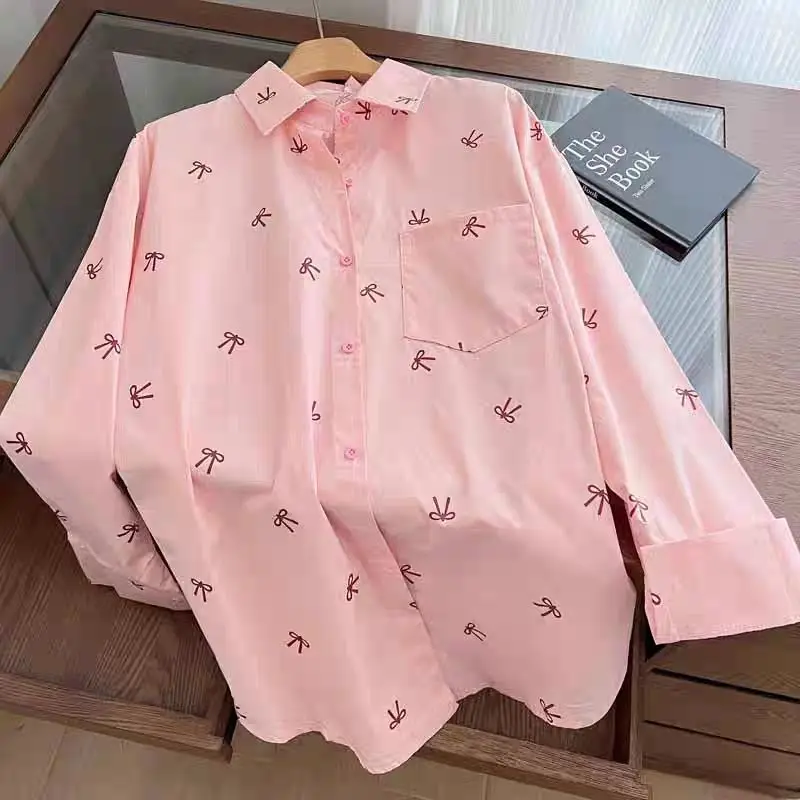 2026 New Fall Women's Pink Bow Print Long Sleeve Shirt Sweet Loose Sun Protection Casual Blouse Top