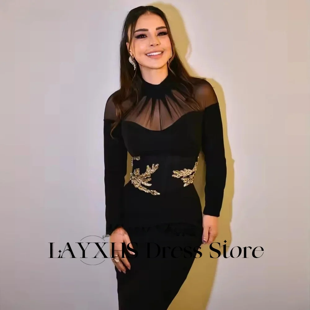 LAYXHS Vestidos de noite simples pretos com gola alta, mangas compridas, bainha com contas douradas, vestidos de baile femininos personalizados