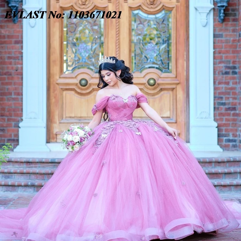 EVLAST-Vestido Quinnceanera Rosa Glitter, Vestido de baile, Lace Applique, Espartilho Ruffles Mexicano Frisado, Doce 16, 15 Anos, SQ542