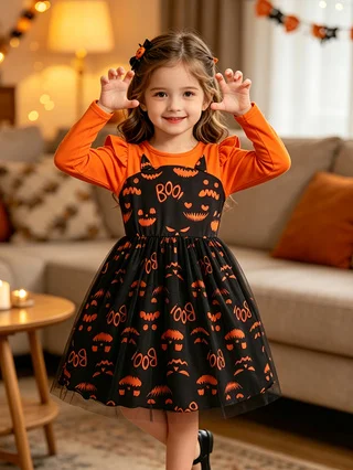 Halloween Kids Costume Princess Dress, Orange Flutter Long Sleeve Girls' Mesh Performance Dress with Pumpkin Ghost Print