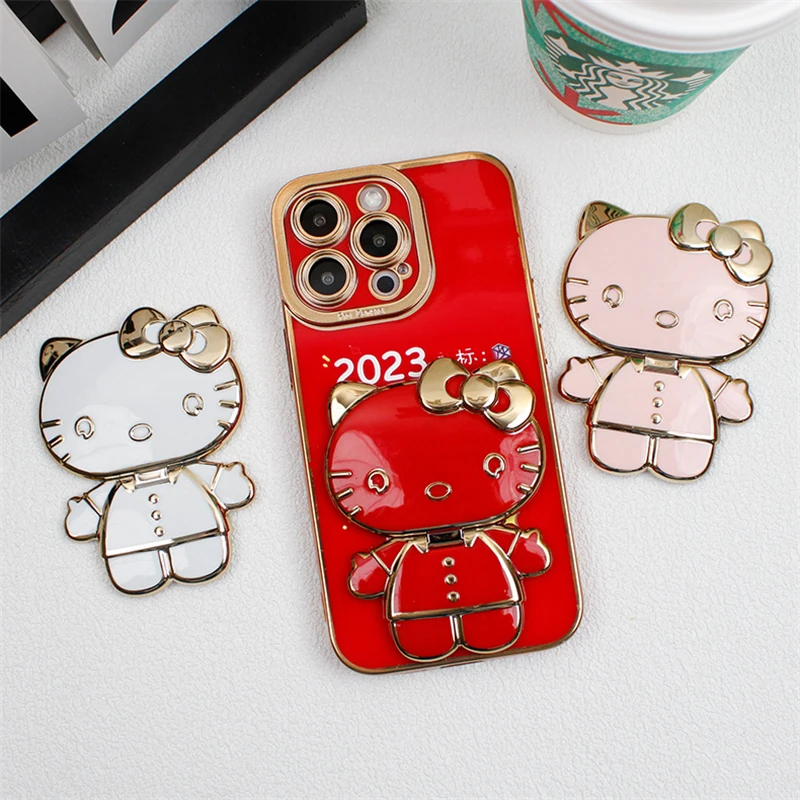 Sanrio Hello Kitty Mobiele Houder Schattige Achterkant Opvouwbare Luie Metalen Houder Draaibare Make-Up Spiegel Houder Anti-Slip Deco Cadeau