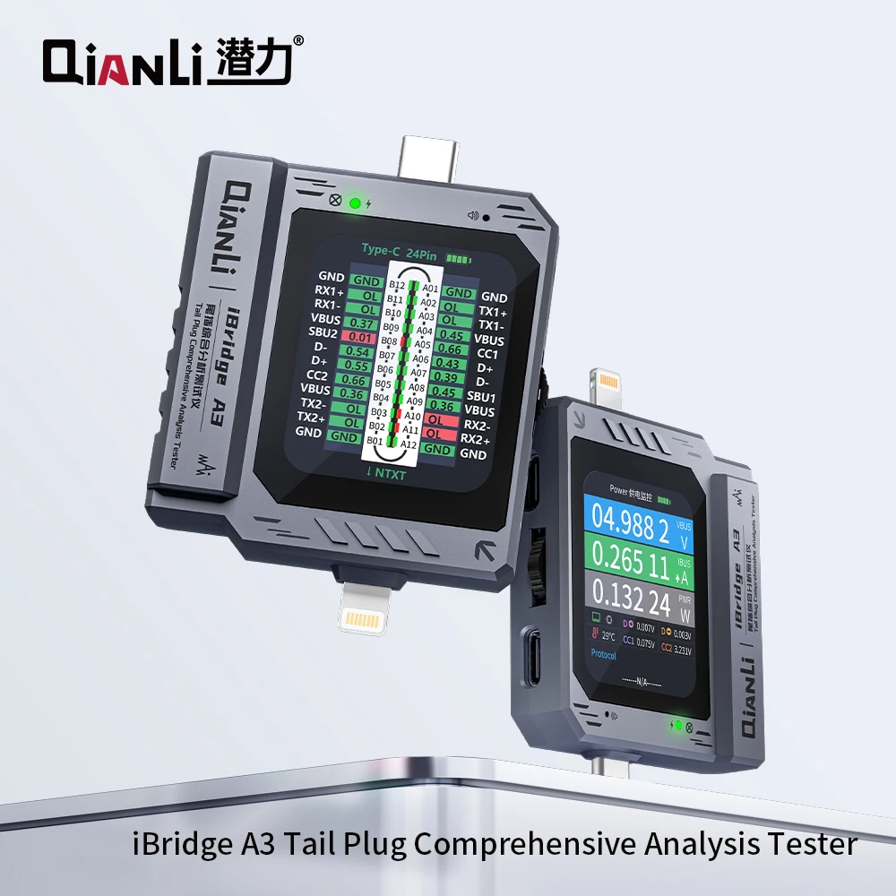 Tester wtyków Qianli iBridge A3 z kompleksową analizą, automatycznym skanowaniem interfejsów Type-C i Lightning oraz diagnostyką iPhone SAM.