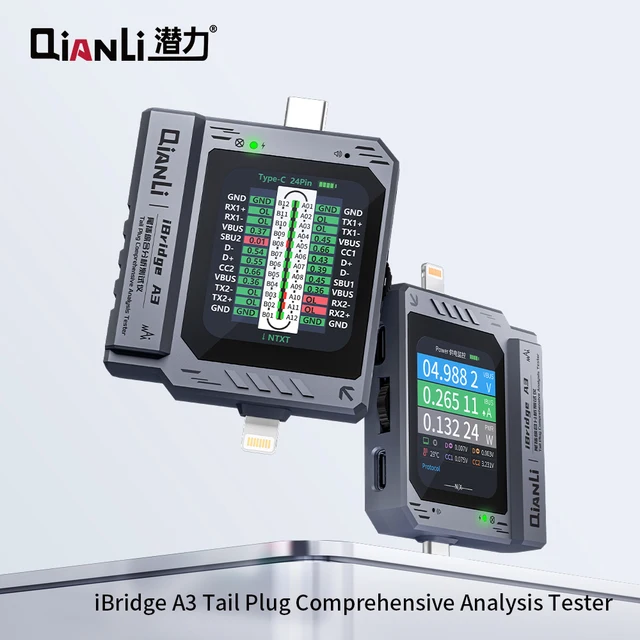 Tester wtyków Qianli iBridge A3 z kompleksową analizą, automatycznym skanowaniem interfejsów Type-C i Lightning oraz diagnostyką iPhone SAM.