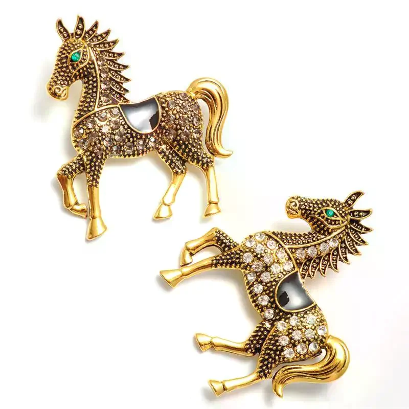 Vintage Enamel Rhinestones Galloping War Horse Zodiac Brooch Pins Women Men Fashion Clothing Accessories Suit Lapel Corsage Gift