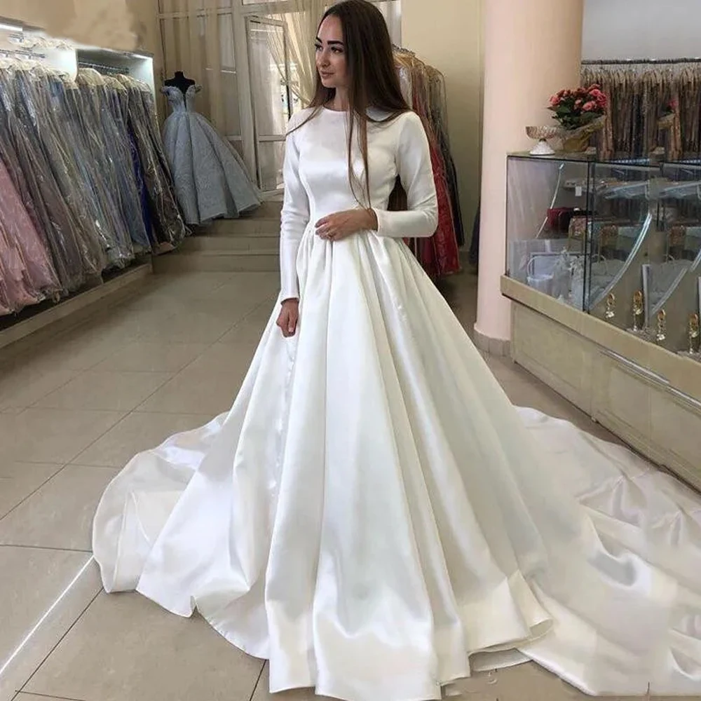 

Satin Wedding Dress Muslim Long Sleeve A-line Bride Gown Customize
