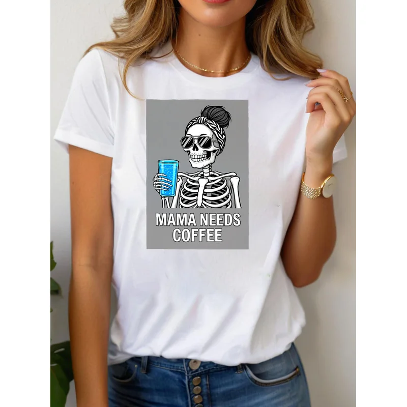 Casual Funny Skeleton Mama Needs Coffee Halloween Women's T-shirt Graphic Tee Party Wear Female Tops 90s Clothes
