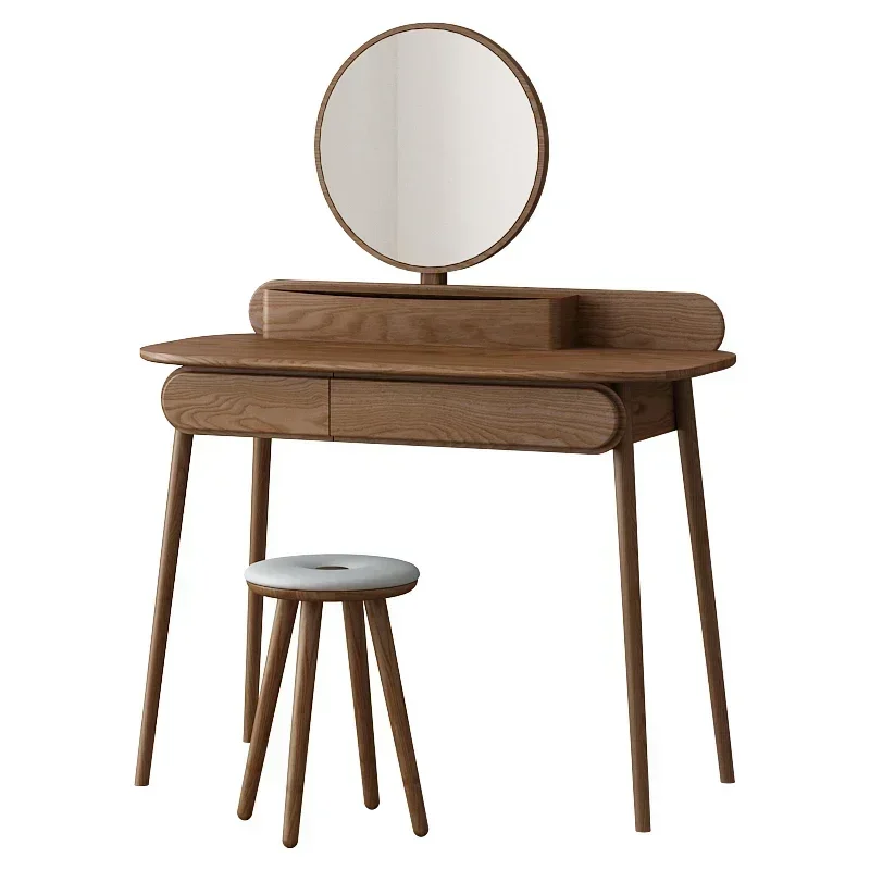 

Solid Wood Log Nordic and Japanese Style Simple Dresser Dressing Stool Combination Walnut Color Pewter