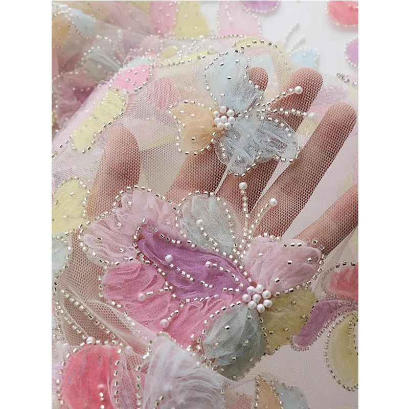 Heavy Industry Lace Butterfly Beads Embroidery Soft Yarn Fabric Skirt Wedding Dress Customized Clothing Fabric Designer Fabric