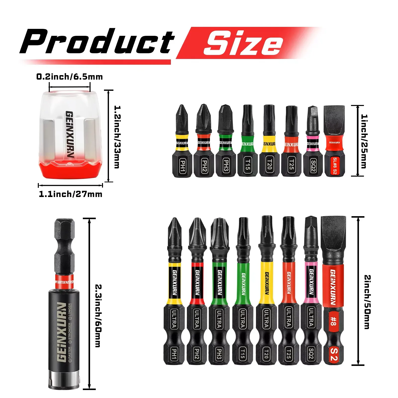Geinxurn 42pcs 1“/2” Impact Magnetic Mixed Screwdriver Bit Set, S2 Alloy Steel Bit Set With Base and Magnetizer