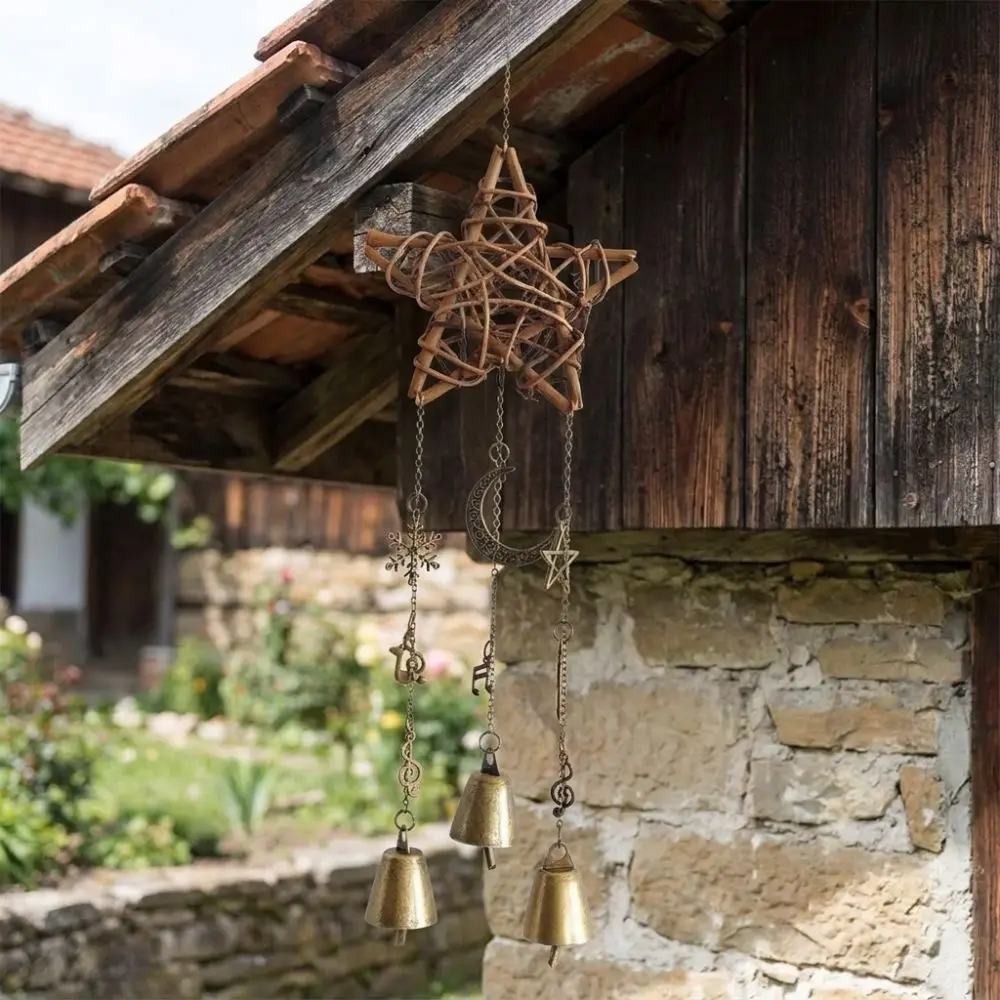Pastoral Style Rattan Woven Wind Chime Textured Frame Five-pointed Star Door Hanging Tinkling Sound Hand Woven
