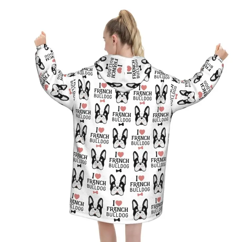 I Love French Bulldog Wearable Blanket Hoodie Women Oversized Sweatshirts Cute Bulldog Warm Fleece Sherpa Blanket with Pockets