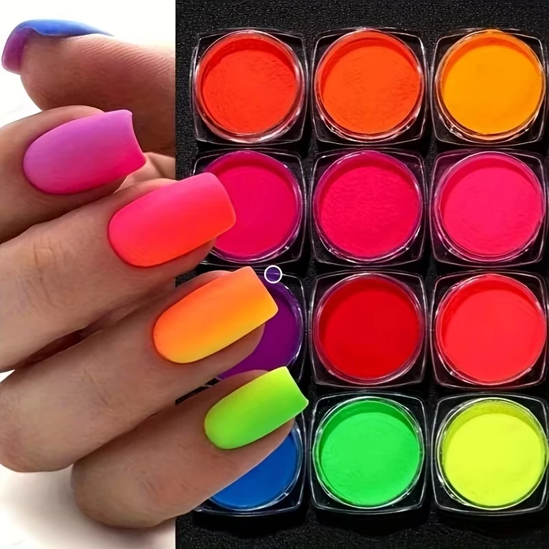 Polvo fluorescente de neón, 12 colores, juego de purpurina fluorescente para uñas, polvo cromado oscuro brillante, pulido de Gel DIY, decoración artística de uñas