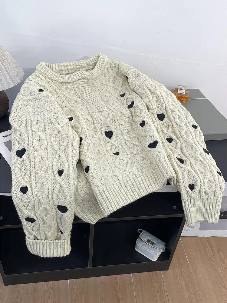 

Винтажные пуловеры для тяжелой промышленности, вязаные свитера с жаккардовым пуловером Love, женский новый утолщенный вязаный топ