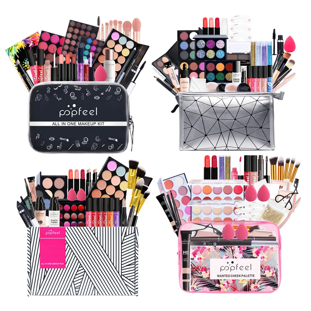 

POPFEEL All In One Makeup Set (Eyeshadow, Ligloss, Lipstick, Brushes, Eyebrow, Concealer, Highlight) Cosmetic Bag Eye Shadow Kit