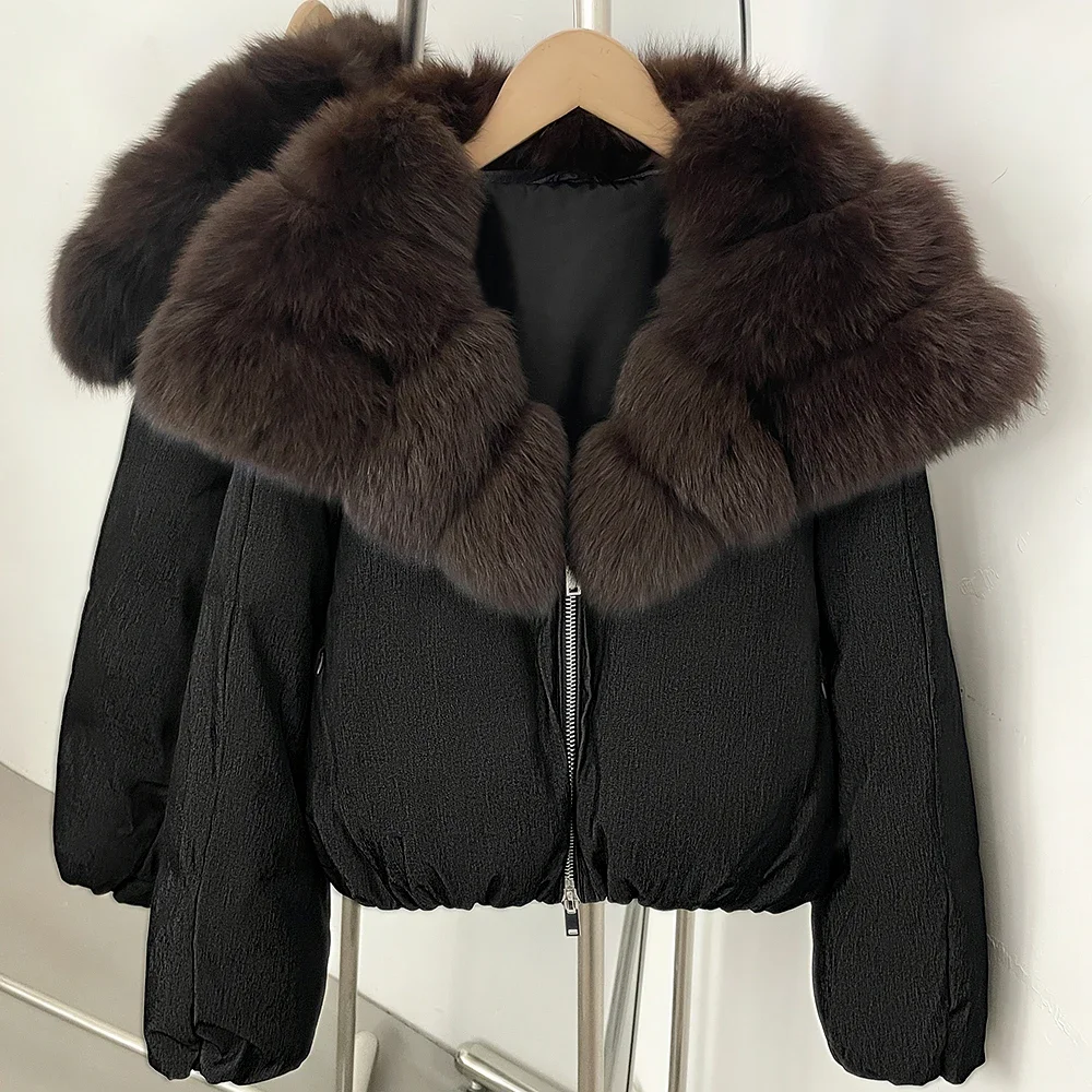 OFTBUY Warme Oberbekleidung Winter Voluminöser Fuchspelzkragen Mantel Damen Reißverschluss Daunenjacke Weiblich Lässiger Kurzer Daunenmantel – Detail 5