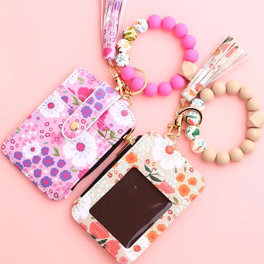 Multicolor Flower Cartoon Ladies Fashion Coin Purse With Silicone Bead Credit Card Holder Keychain Wallet For Women Purse Wallet