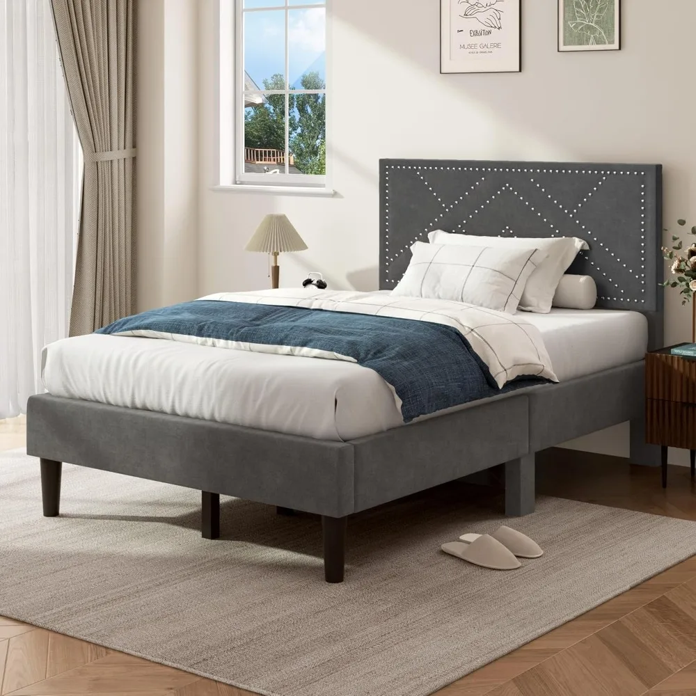 Full Bed Frame with Linen Fabric Rivet Designed Headboard, Platform Bed with Wood Slats Support,  Easy Assembly