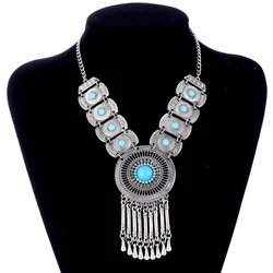 Vintage Bohemian Alloy Tassel Statement Necklaces for Women Acrylic Beads Carved Geometric Collar Necklaces Ethnic Jewelry