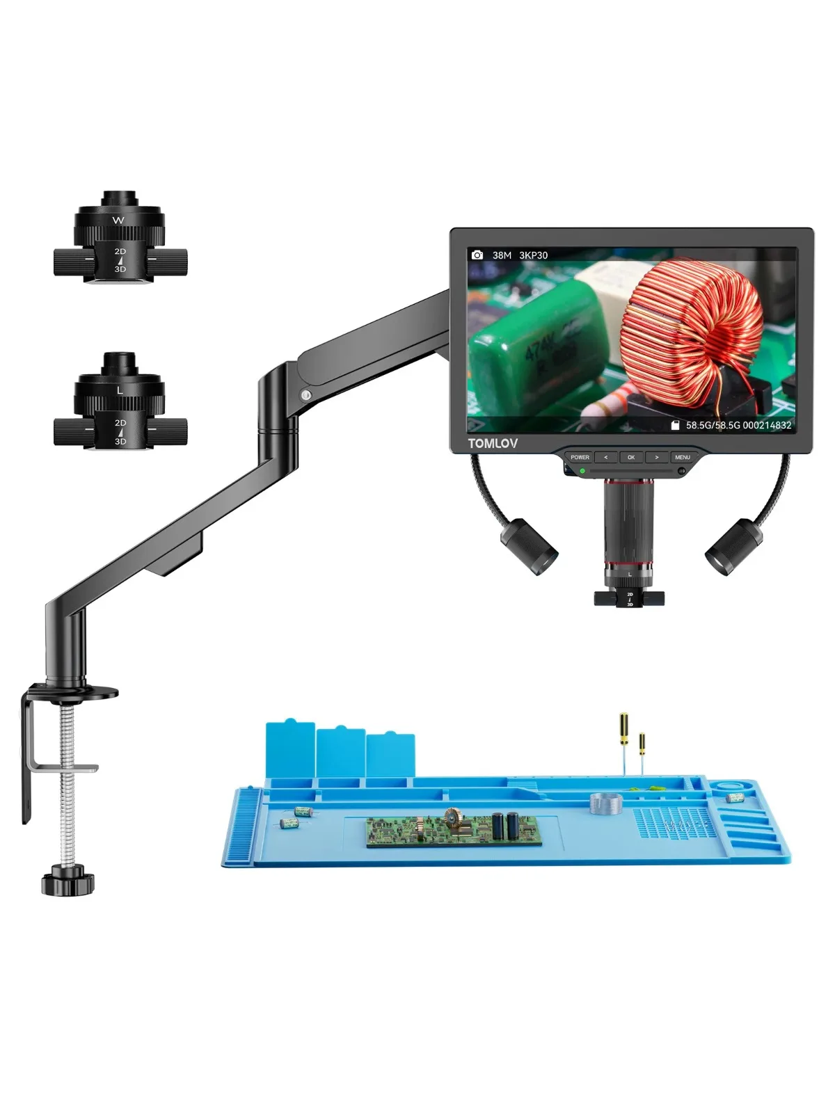 TOMLOV 7-Zoll IPS Digital-Mikroskop 2000X HDMI Mikroskop-Kamera mit Doppel-3D-Linse Elektronisches Löt-Mikroskop für PCB-Reparaturen