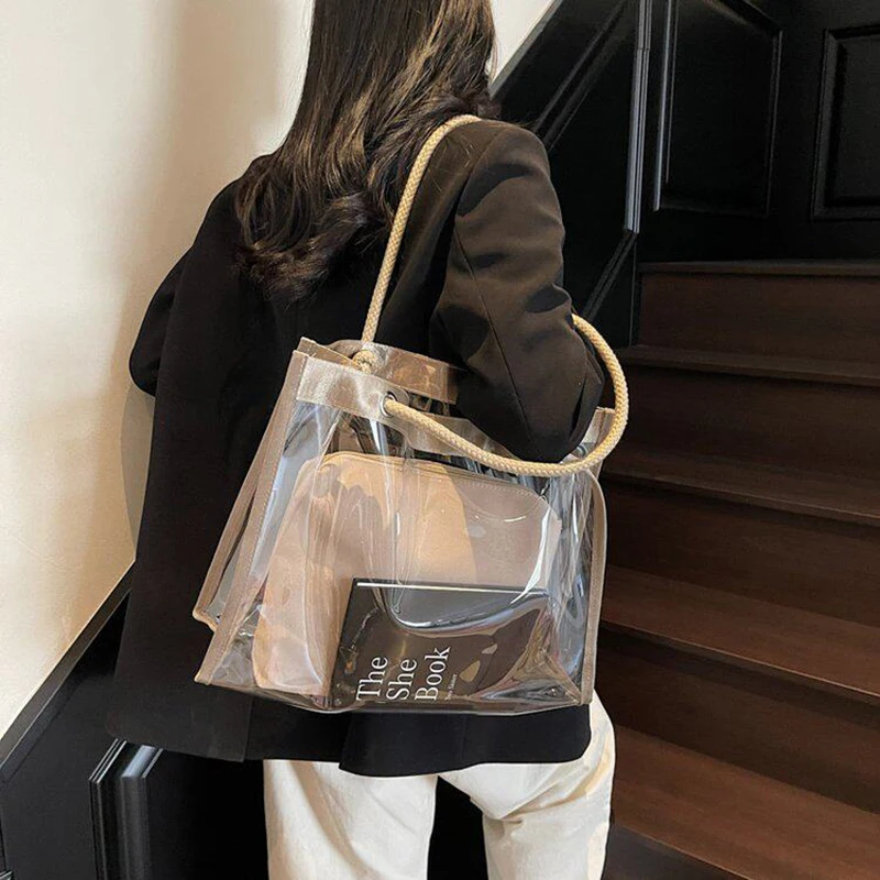 Summer Transparent Jelly Bags for Women 2026 New Rectangle Travel Large Capacity Mother and Child Bag Splicing Beautiful Bag