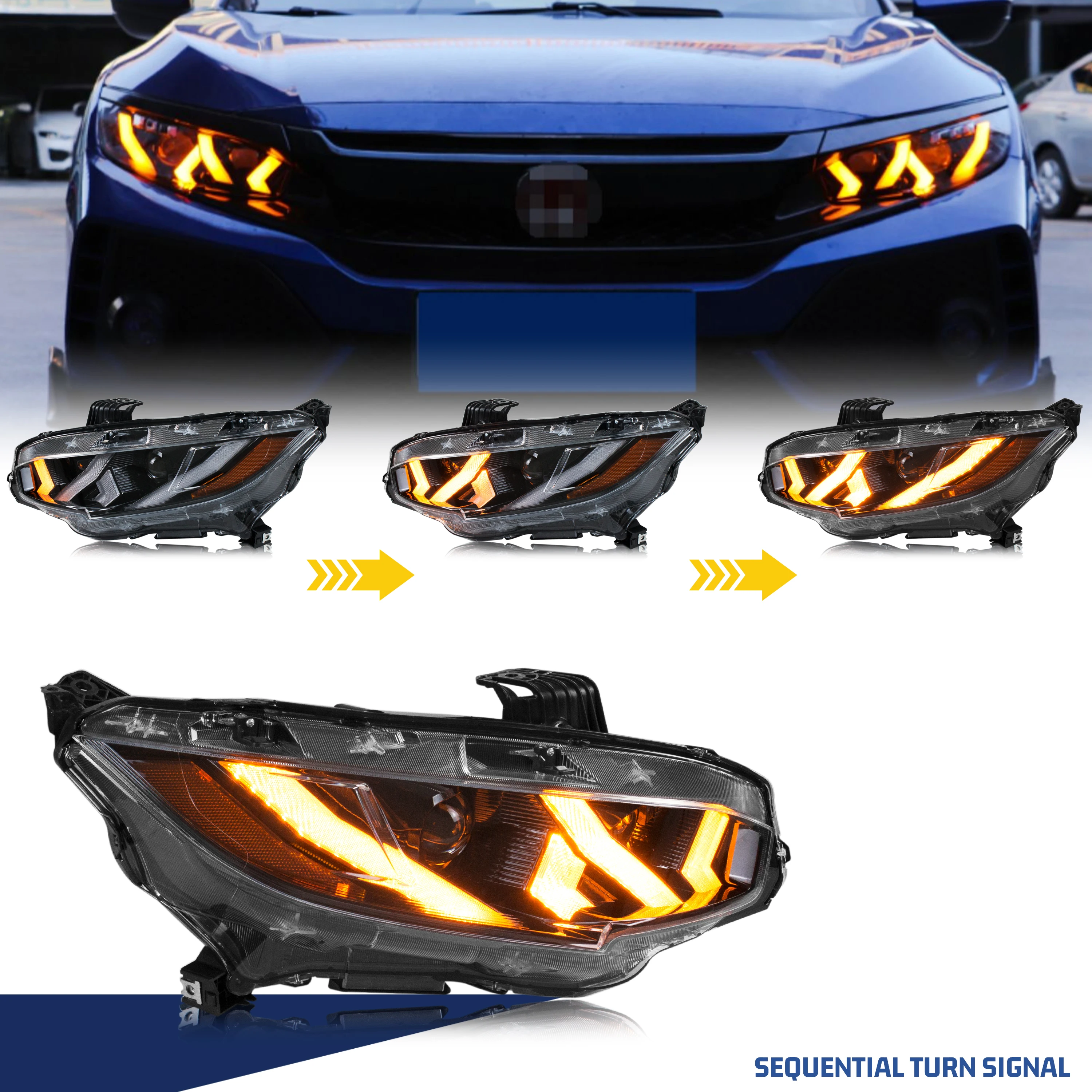 LED Headlights for Honda Civic 2016-2021 10th Gen FK Sedan Hatchback Type-R Start-up Animation Sequential Signal (Unpainted)