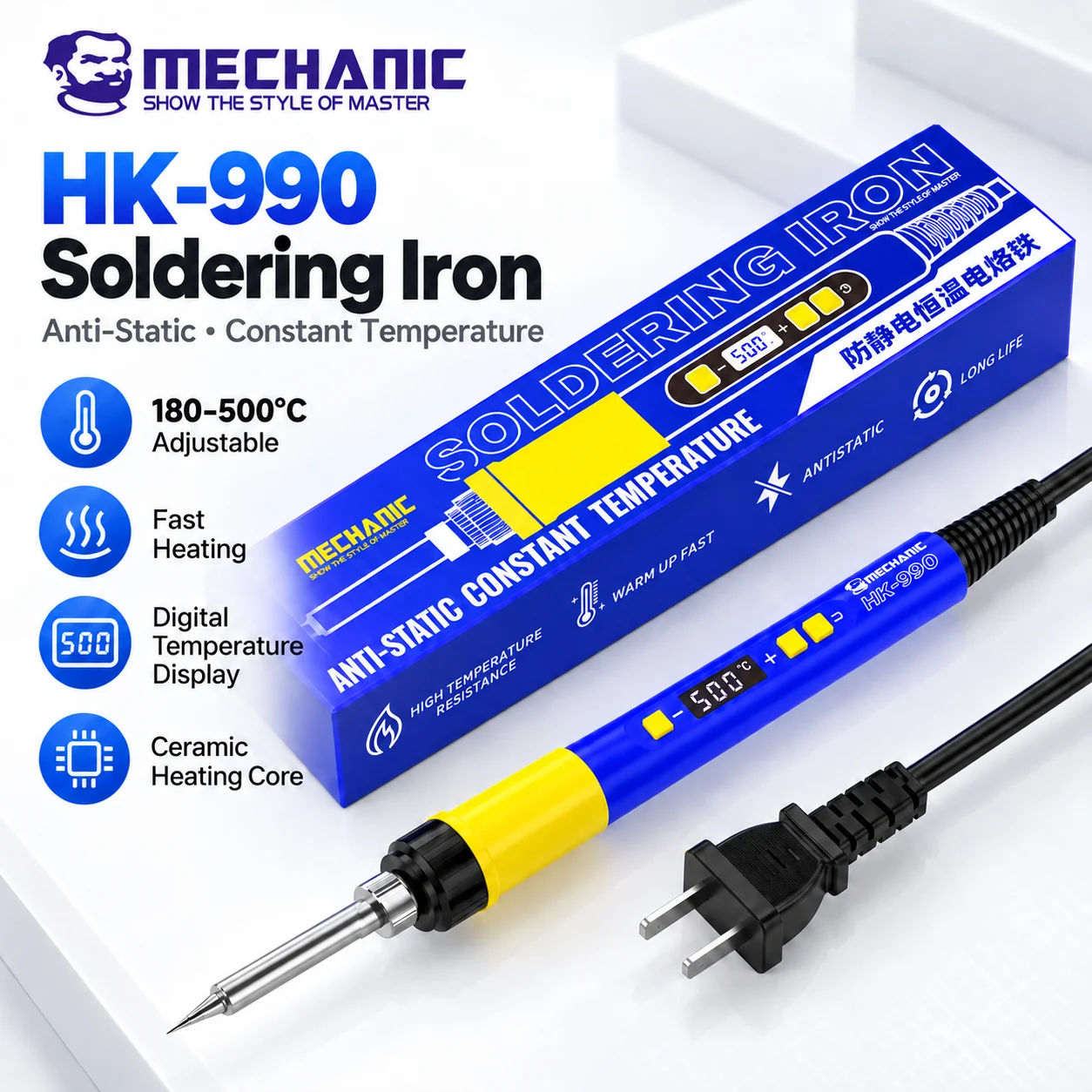 MECHANIC HK-990 90W Digital Soldering Iron 180-500°C Anti-Static Temperature Control Ceramic Heater for Mobile Phone PCB Repair