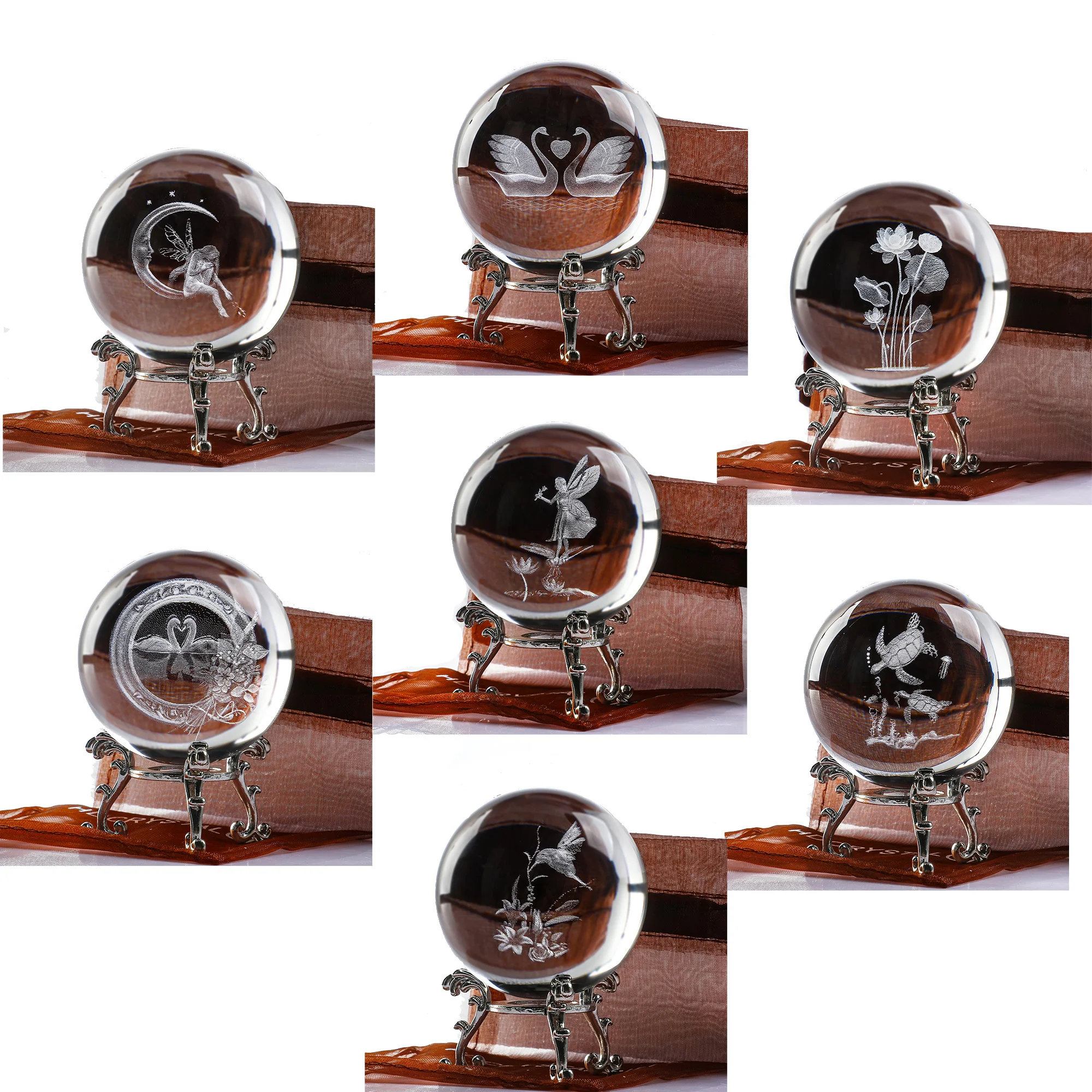 

H&D 60mm 3D Ball Laser Engraved Crystal Ball Glass Art Craft Miniature Sphere Home Decor Accessories Christmas Gift Metal Stand