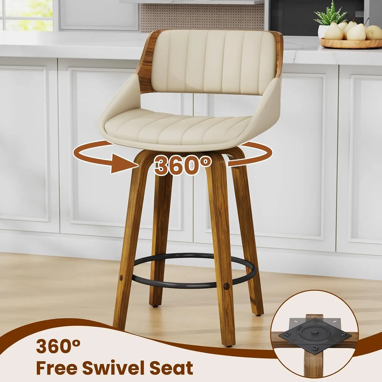 26" Swivel Counter Height Bar Stools Set of 2, Mid-Century Modern Faux Leather Upholstered Beige Chairs for Kitchen Island, Cafe, Dining Room view 5