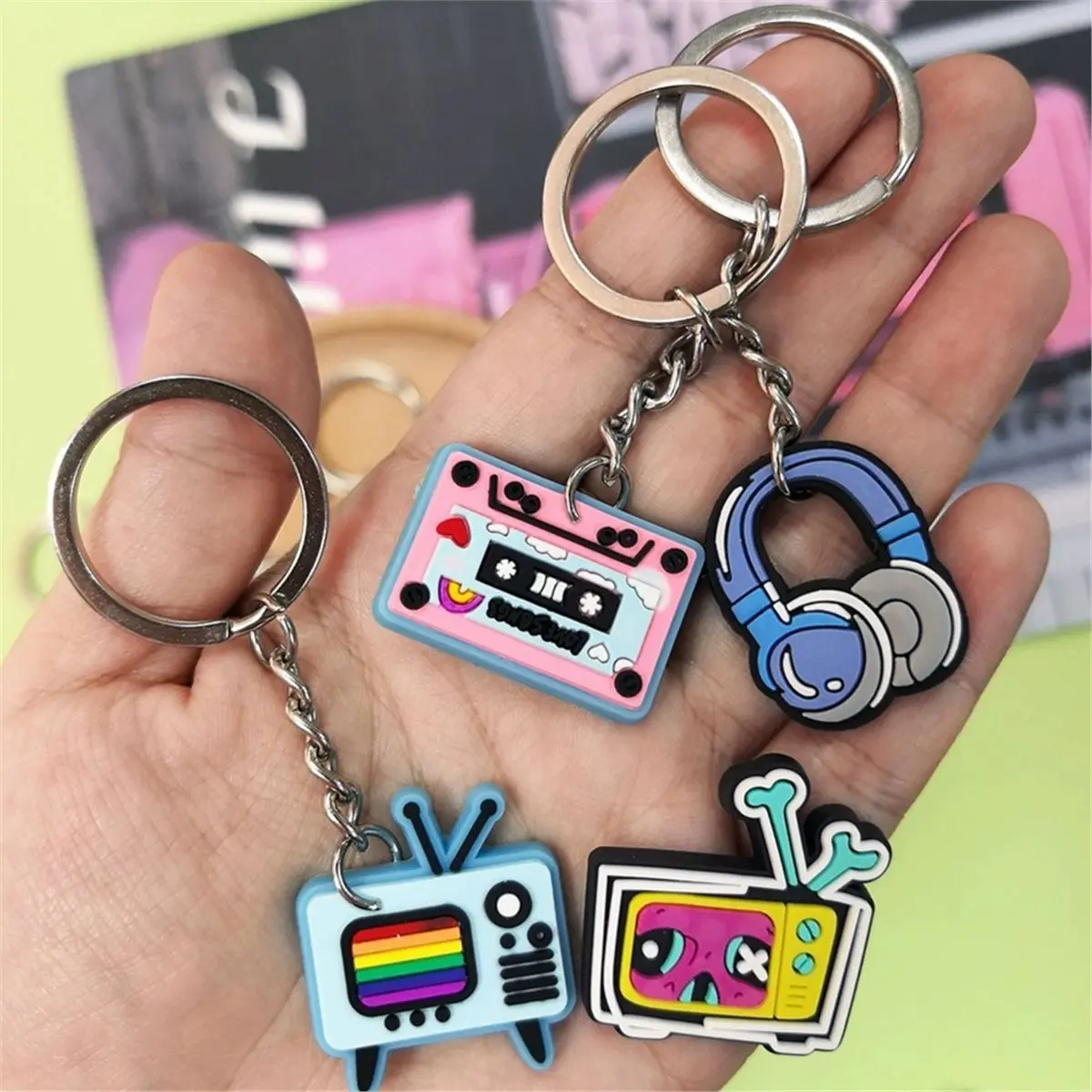 PHONE&GEAR 20pcs Retro Music Themed Keychains for Backpack Accessories, Cassette Tape, CD, Microphone & Rock Charms for Party F
