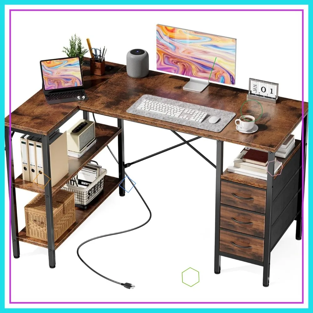 

L-Shaped Gaming Desk with Power Outlets, 47-Inch Computer Desk with Drawers and Shelves for Home Office, Rustic Brown
