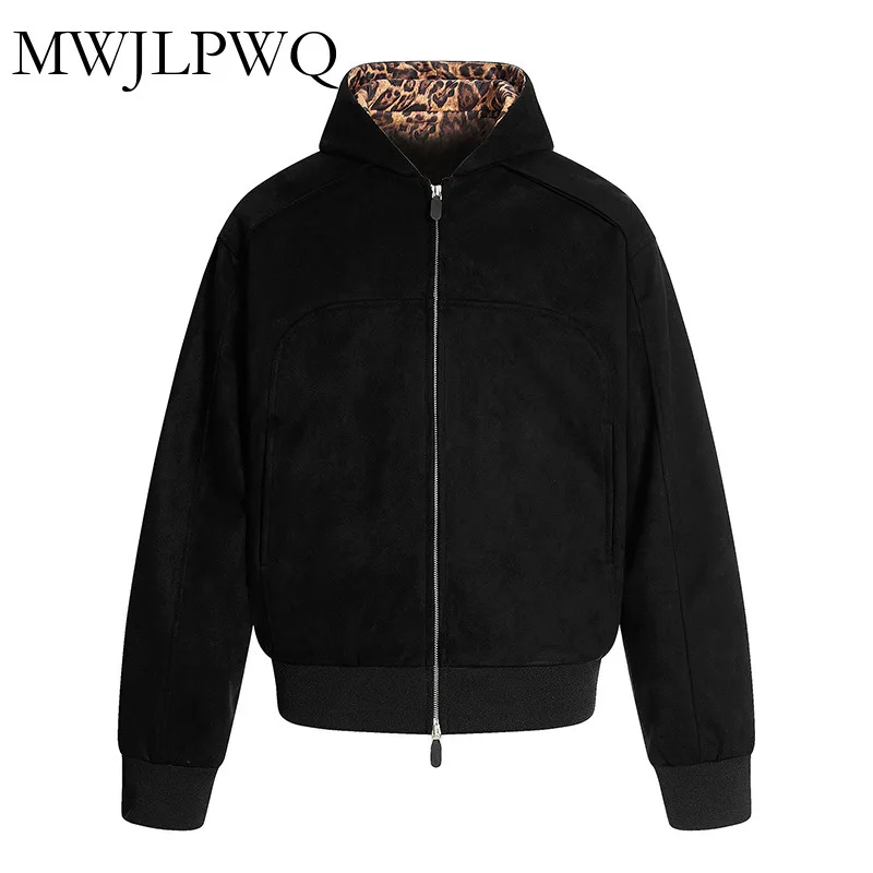 

MWJLPWQ Leopard Print Patchwork Knit Cardigan Hooded Sweatershirt Male High Street Loose Fit Zipper Versatile Autumn Tops 010946
