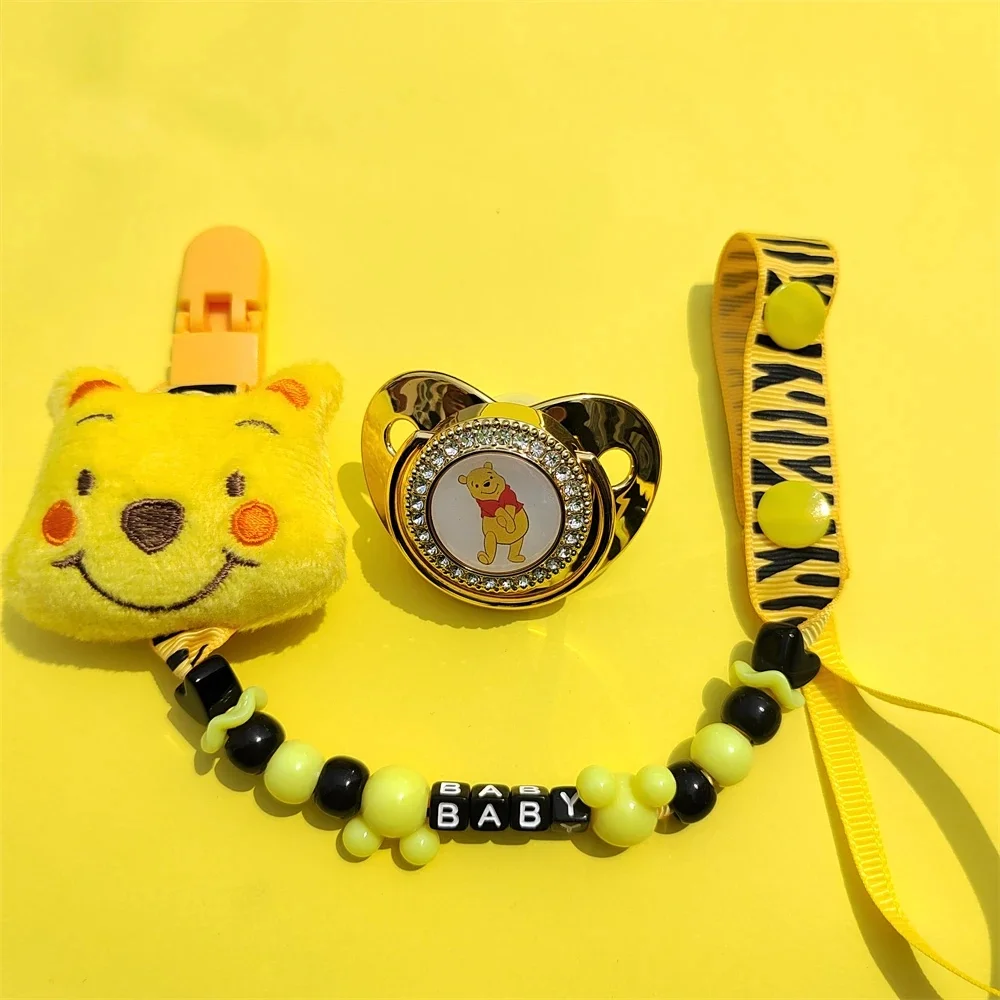 3D stereo Bear stitches Custom yellow feeding pacifier Cute Boy Baby Feeding Personalized alphabet teether chain Baby silicone