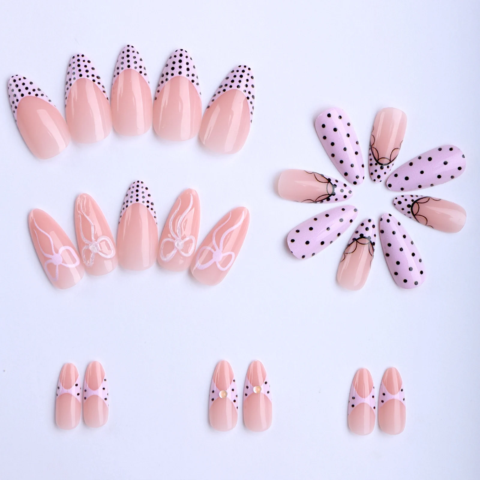 24pcs Ballerina Wearable False Nails Black Polka Dot Lace Edge French Style Press On Nails Bowknots Decor Pink Almond Fake Nail
