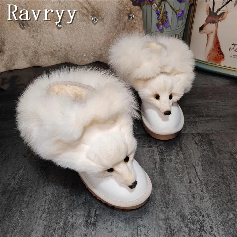 

Handmade Cowhide Fox Head White Snow Boots Women Brand Design Round Toe Thick Bottomed Short Sleeve Tube Boots