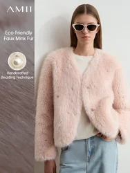 AMII Minimalist 2024 Winter New Women's Commuter V-neck Handmade Beaded Imitation Mink Fur Loose Warm Plush Jacket 12424021