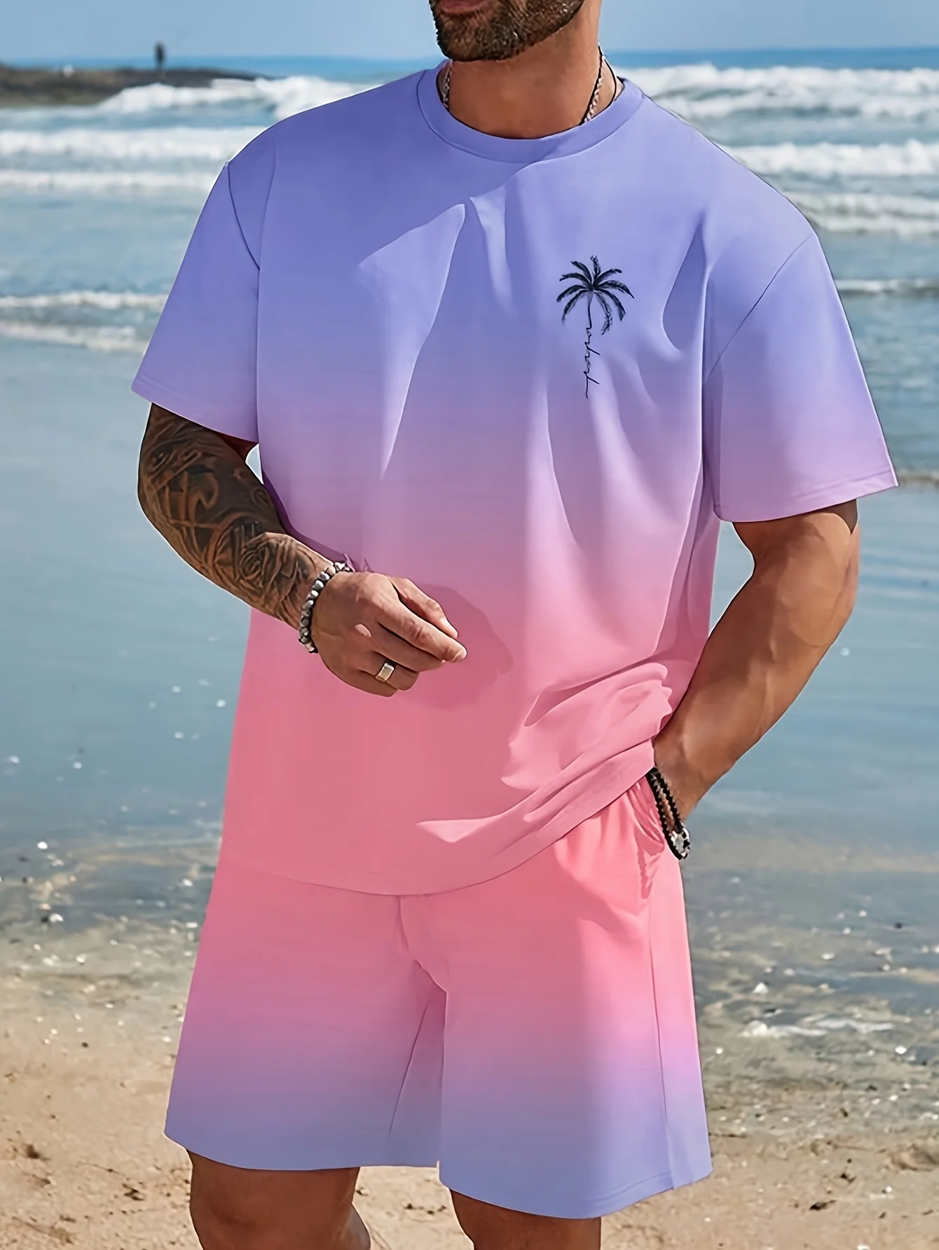

Men'S 2pcs Set Fashion Coconut Tree Gradient Casual Crew Neck T-Shirt and Shorts Sportswear Casual Everyday Wear Tracksuit