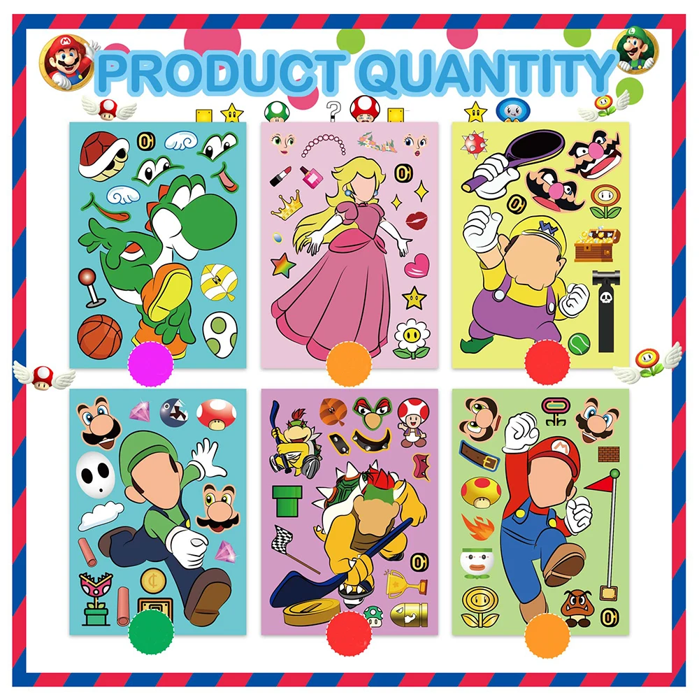 6/12sheets Super Mario Cartoon Game Puzzle Stickers Make a Face Children DIY Assemble Jigsaw Decals Toy Kid Birthday Party Gift