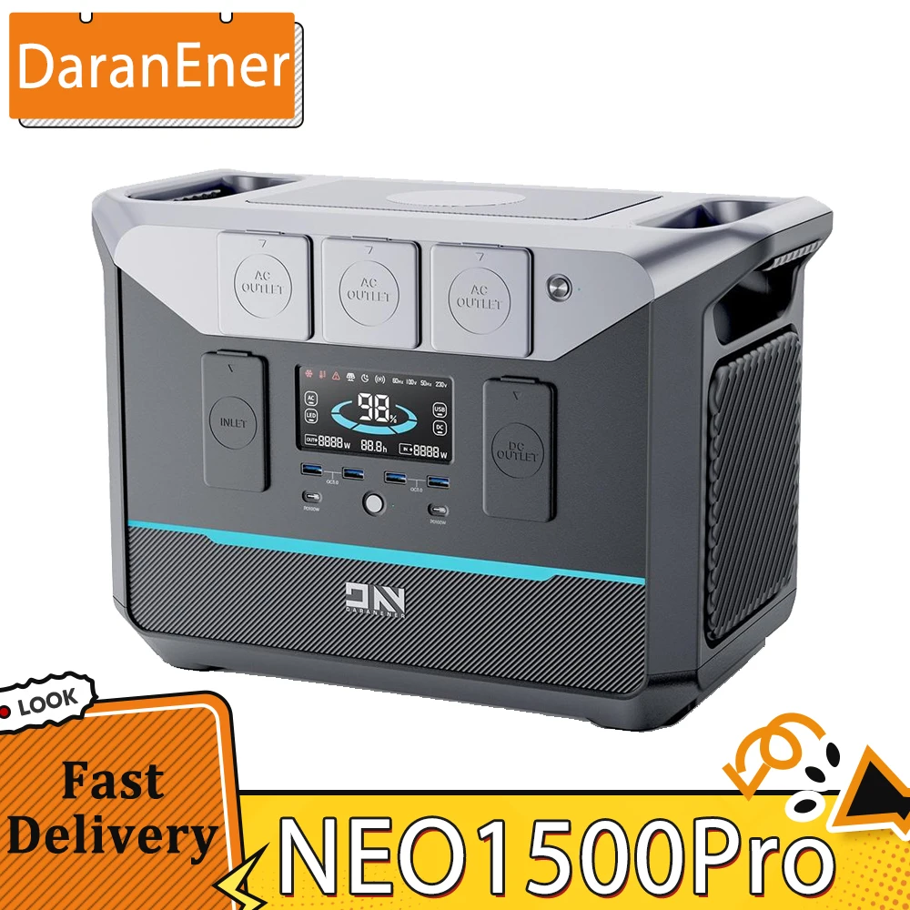 DaranEner NEO1500Pro Portable Power Station 1382Wh LiFePO4 Battery Solar Generator 1800W AC Output 14 Ports for Outdoors Camping