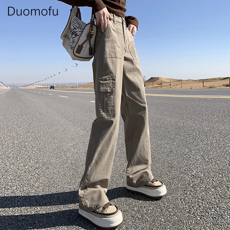 Duomofu Winter schick hohe Taille schlanke gerade Frauen Cargo hose neue Basis Tasche lässig Mode einfarbig lose weibliche Hosen