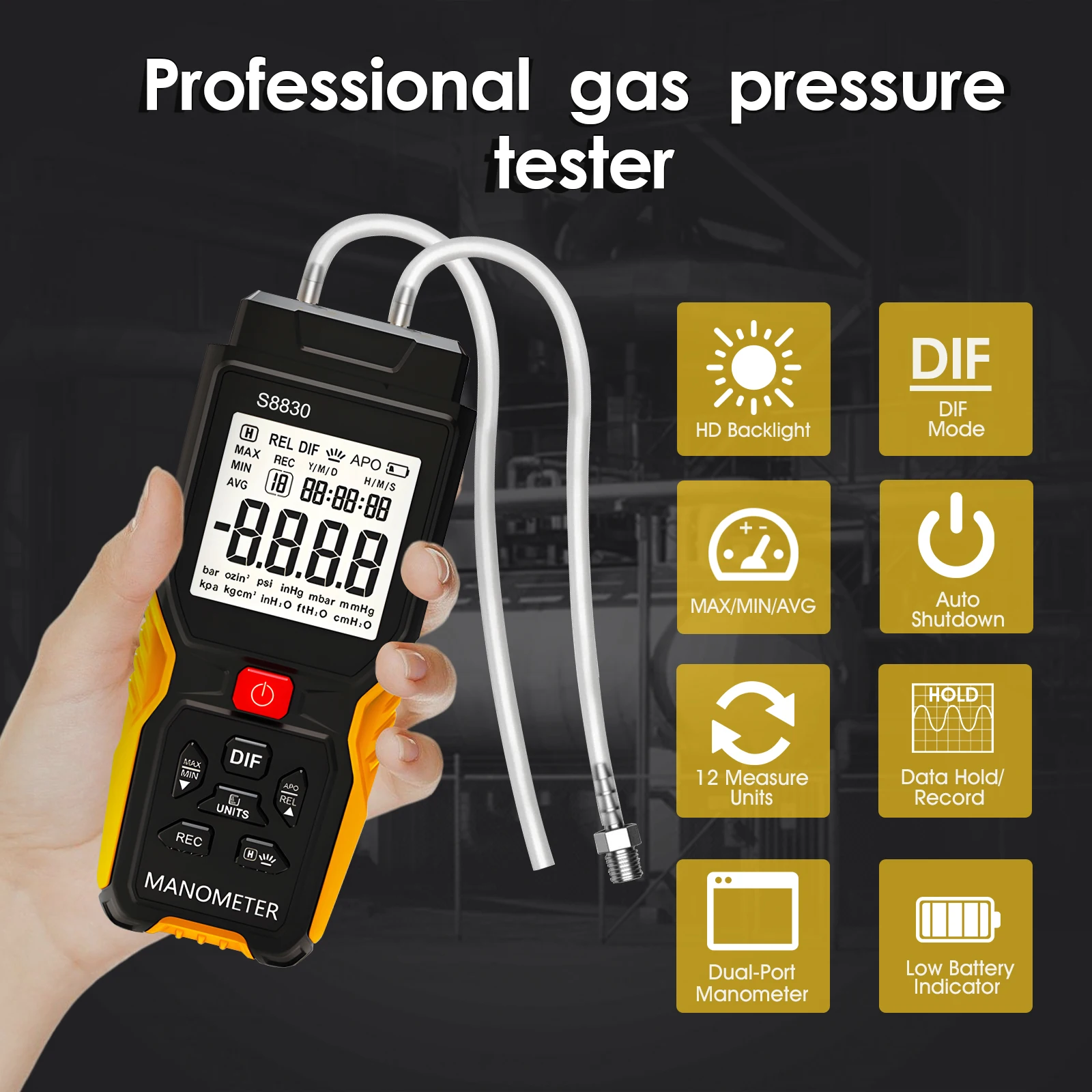 S8830 Digital Manometer Differential Pressure Gauge ±36.8kPa 12 Units Data Logger HVAC Gas Pipe Tester