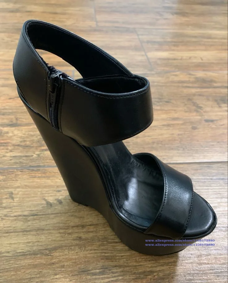 

Black Platform Wedge Sandals Ankle Strap Side Zip High Heels Open Toe Pumps Luxury Designer Party Shoes Women's Shoes