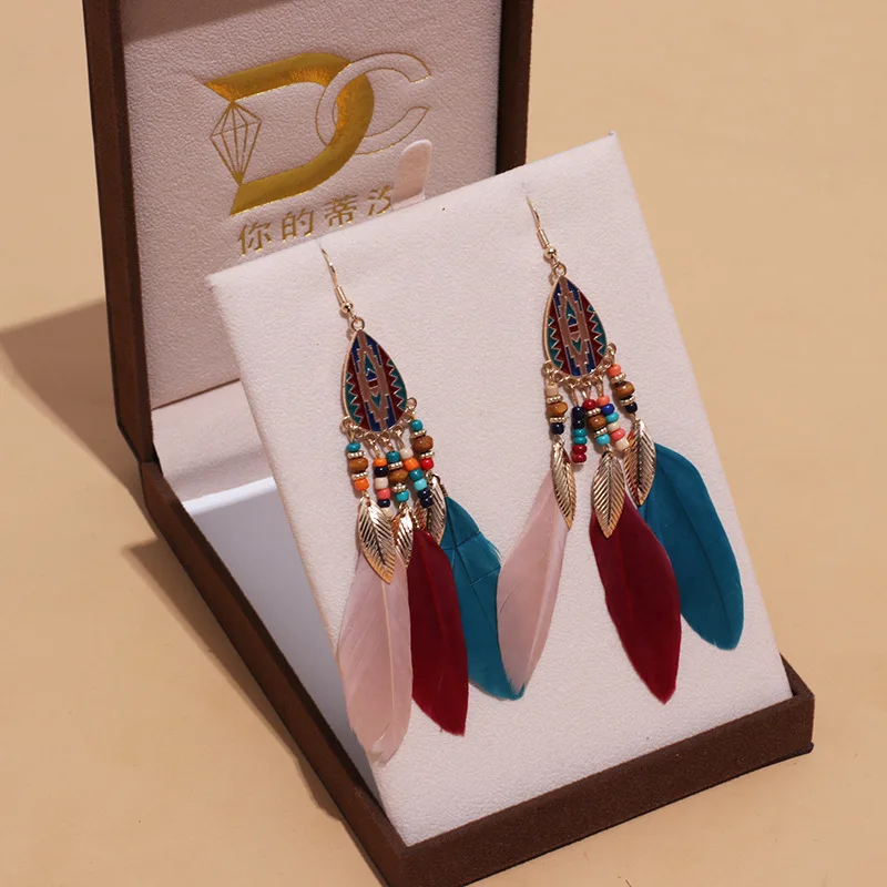 Bohemian Ethnische Lange Feder Ohrringe Boho Wasser Tropfen Gold Farbe Kette Quaste Ohrringe für Frauen Braut Hochzeit Schmuck – Detail 16